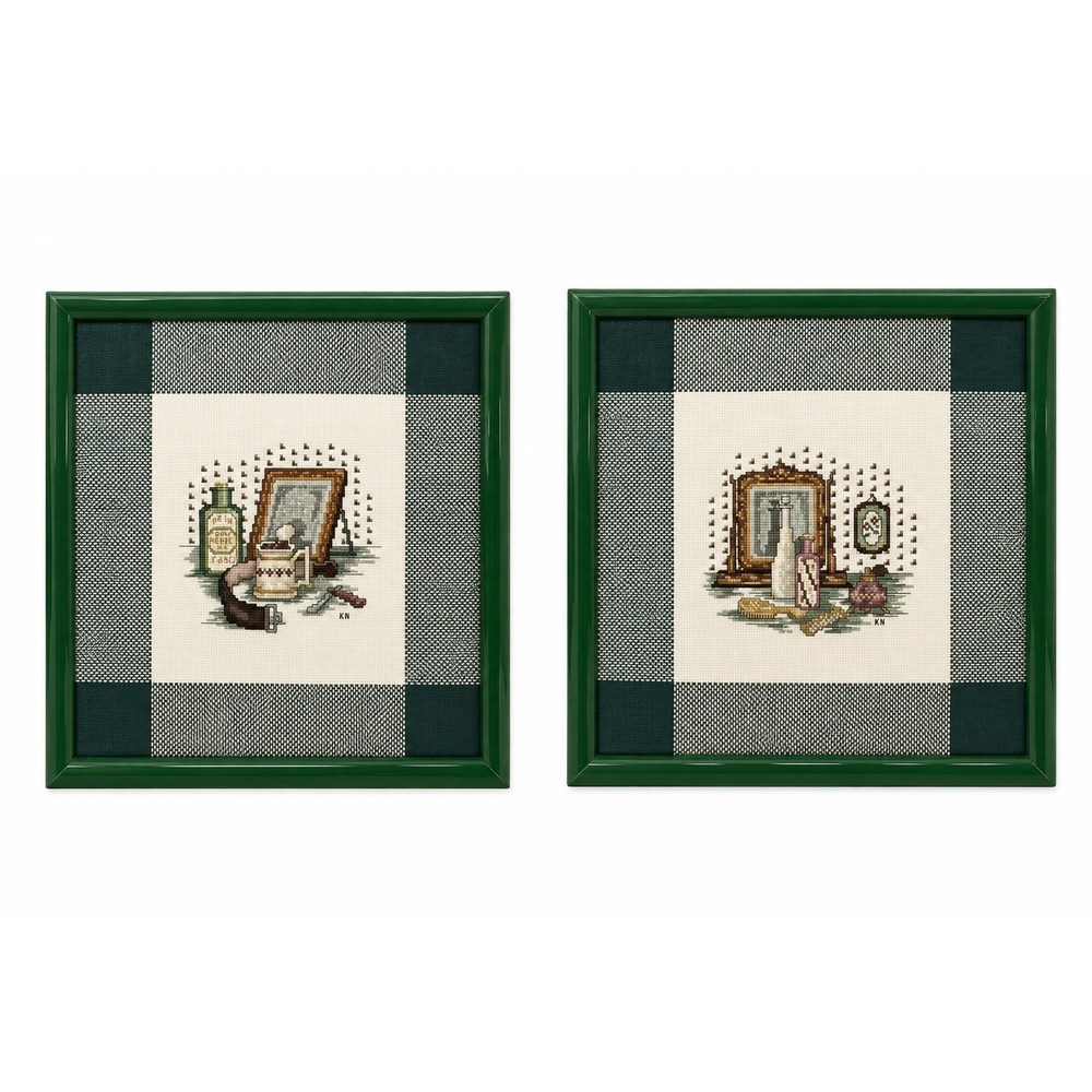 Vintage Cross Stitch Framed Bathroom His And Hers Set Of 2 Hunter Green